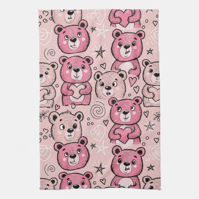 Pastel Teddy Bear Heart Pattern Kitchen Towel (Vertical)