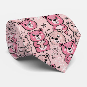 Pastel Teddy Bear Heart Pattern Neck Tie