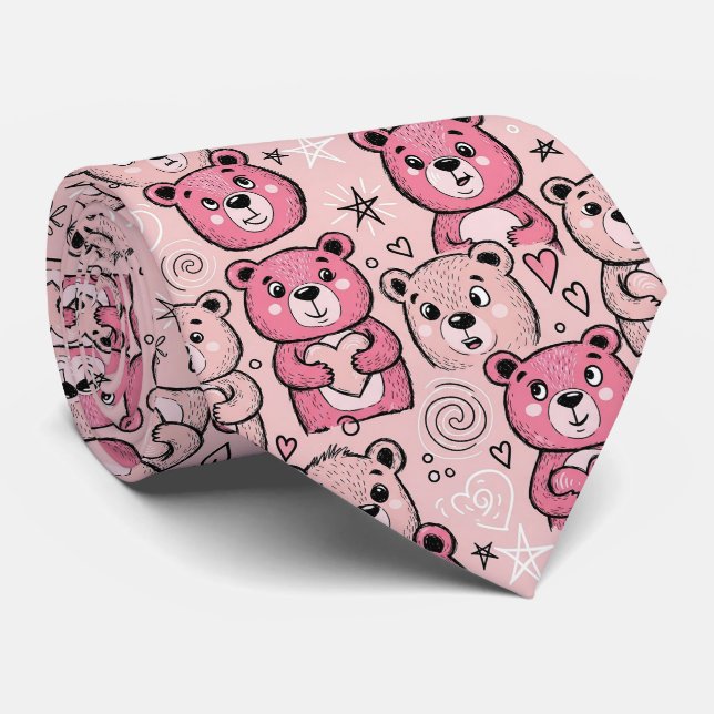 Pastel Teddy Bear Heart Pattern Neck Tie (Rolled)