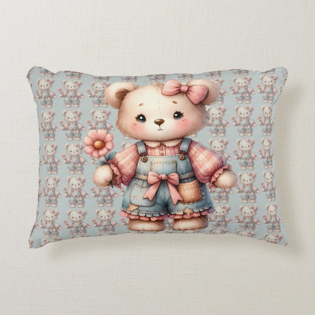 Pastel Teddy Bear Holding Flower Wearing Overalls Accent Pillow (Front)