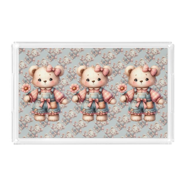 Pastel Teddy Bear Holding Flower Wearing Overalls Acrylic Tray (Front)