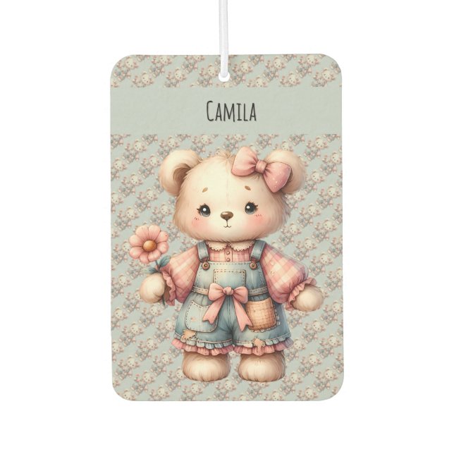 Pastel Teddy Bear Holding Flower Wearing Overalls Air Freshener (Front)