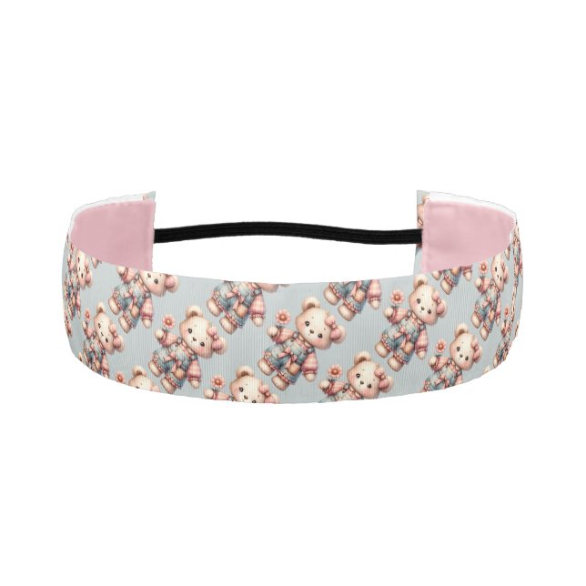 Pastel Teddy Bear Holding Flower Wearing Overalls Athletic Headband (Front)
