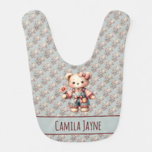 Pastel Teddy Bear Holding Flower Wearing Overalls Baby Bib