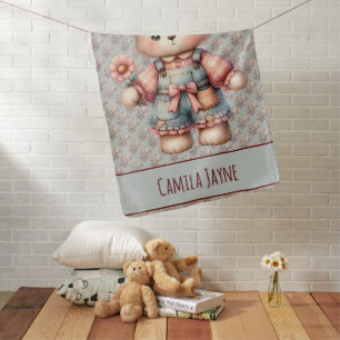 Pastel Teddy Bear Holding Flower Wearing Overalls Baby Blanket