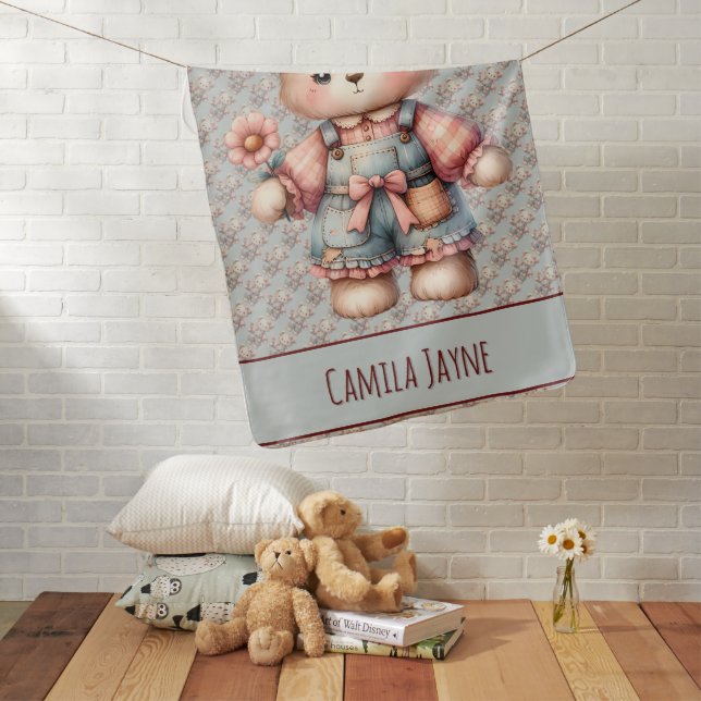 Pastel Teddy Bear Holding Flower Wearing Overalls Baby Blanket (In Situ)