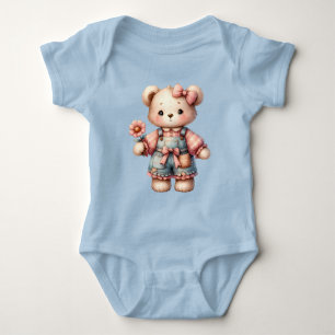 Pastel Teddy Bear Holding Flower Wearing Overalls Baby Bodysuit