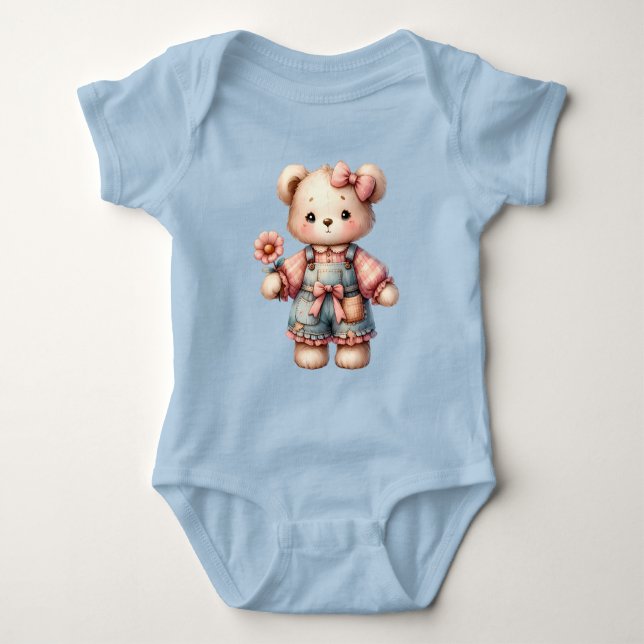 Pastel Teddy Bear Holding Flower Wearing Overalls Baby Bodysuit (Front)