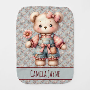 Pastel Teddy Bear Holding Flower Wearing Overalls Baby Burp Cloth