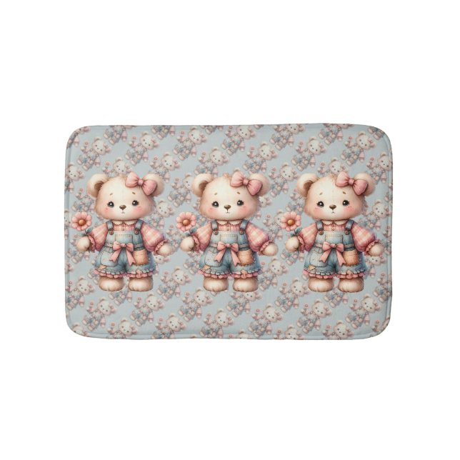 Pastel Teddy Bear Holding Flower Wearing Overalls Bath Mat (Front)