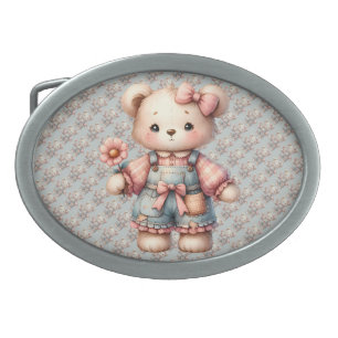 Pastel Teddy Bear Holding Flower Wearing Overalls Belt Buckle