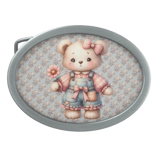 Pastel Teddy Bear Holding Flower Wearing Overalls Belt Buckle (Front)