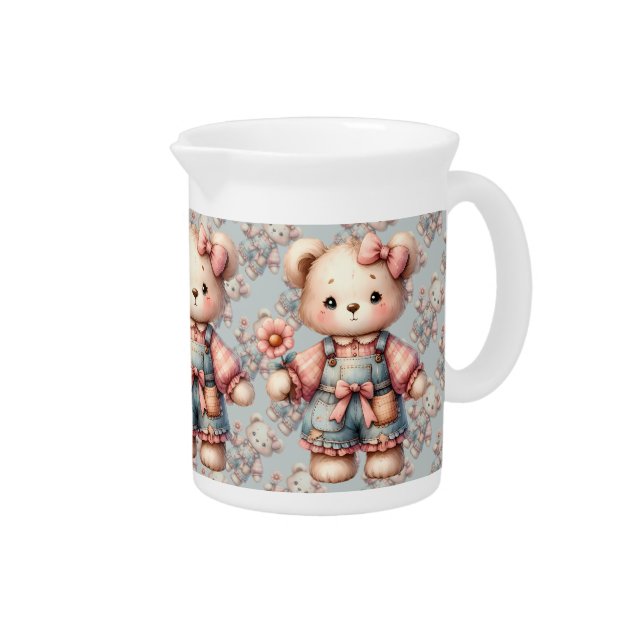 Pastel Teddy Bear Holding Flower Wearing Overalls Beverage Pitcher (Right)