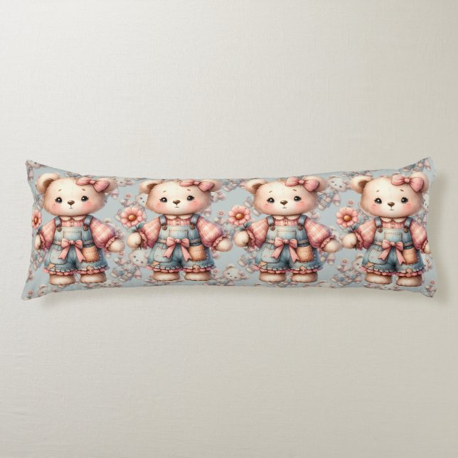 Pastel Teddy Bear Holding Flower Wearing Overalls Body Pillow (Front)
