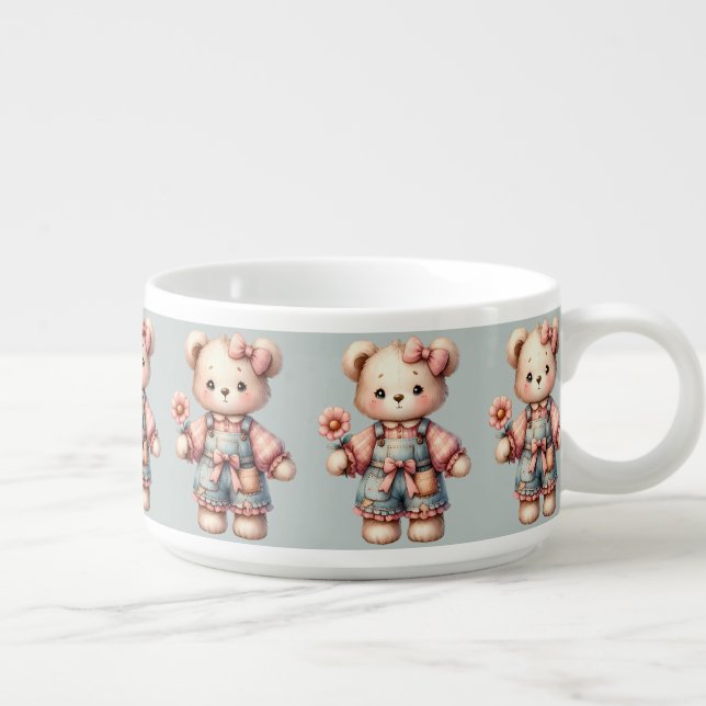 Pastel Teddy Bear Holding Flower Wearing Overalls Bowl (Left)