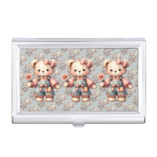 Pastel Teddy Bear Holding Flower Wearing Overalls Business Card Case