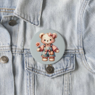 Pastel Teddy Bear Holding Flower Wearing Overalls Button