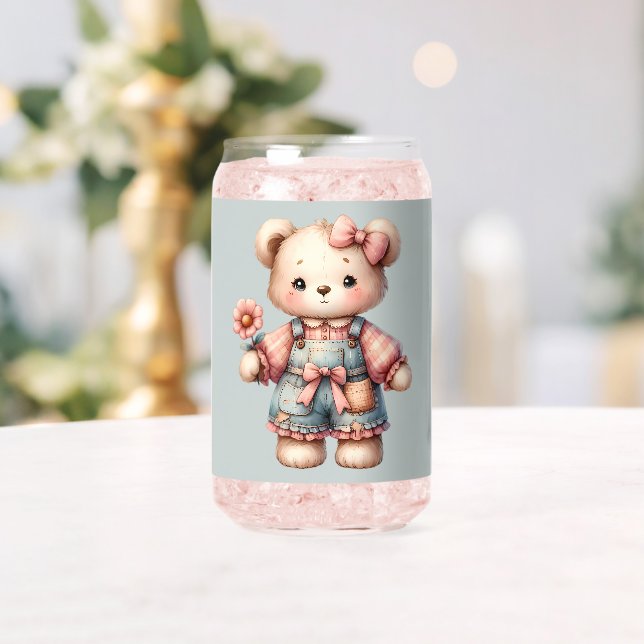 Pastel Teddy Bear Holding Flower Wearing Overalls Can Glass (Insitu (Wedding))