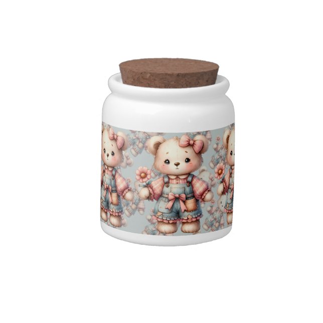 Pastel Teddy Bear Holding Flower Wearing Overalls Candy Jar (Left)