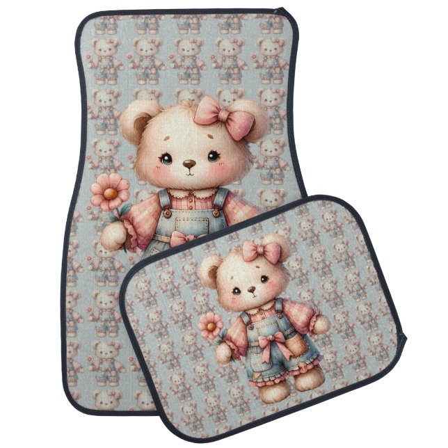 Pastel Teddy Bear Holding Flower Wearing Overalls Car Floor Mat (Set)
