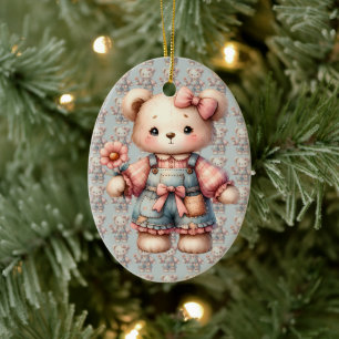 Pastel Teddy Bear Holding Flower Wearing Overalls Ceramic Ornament