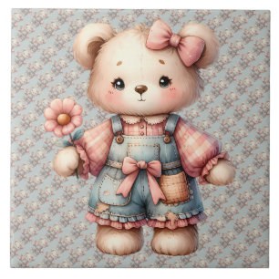 Pastel Teddy Bear Holding Flower Wearing Overalls Ceramic Tile
