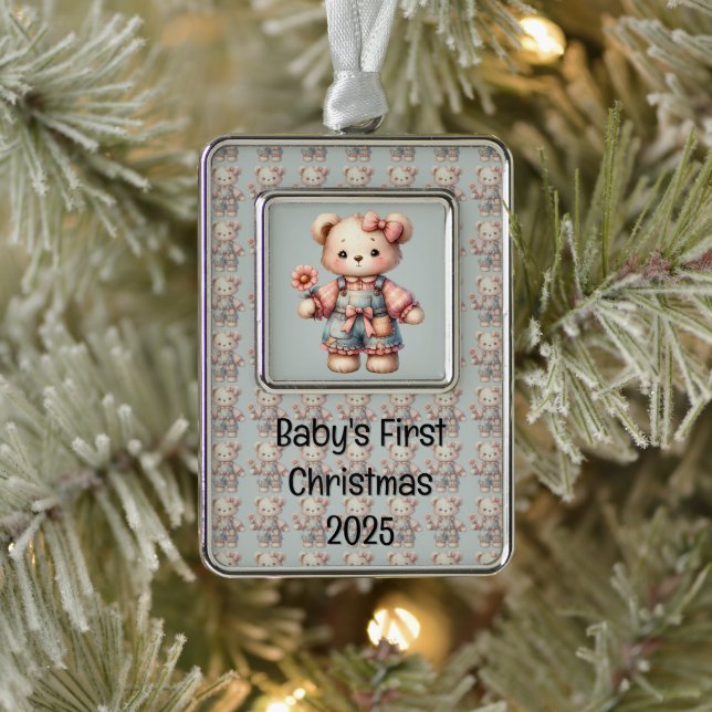Pastel Teddy Bear Holding Flower Wearing Overalls Christmas Ornament (Tree)