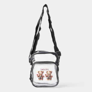 Pastel Teddy Bear Holding Flower Wearing Overalls Clear Crossbody Bag