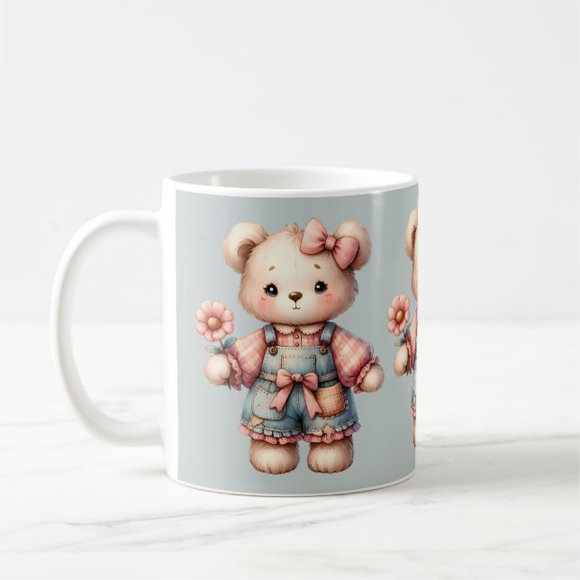 Pastel Teddy Bear Holding Flower Wearing Overalls Coffee Mug (Left)