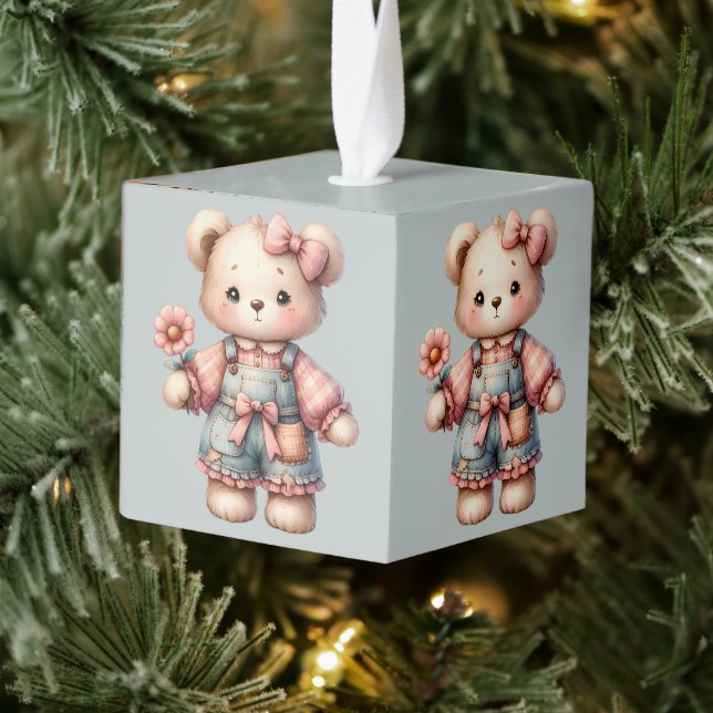 Pastel Teddy Bear Holding Flower Wearing Overalls Cube Ornament (Tree)
