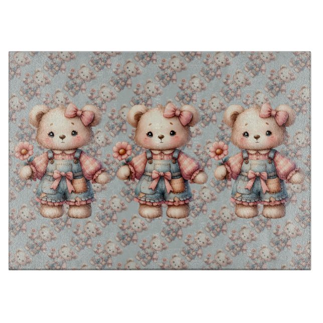 Pastel Teddy Bear Holding Flower Wearing Overalls Cutting Board (Front)