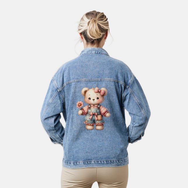Pastel Teddy Bear Holding Flower Wearing Overalls Denim Jacket (Model)