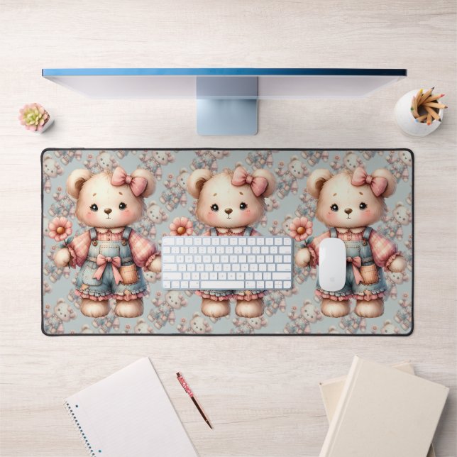 Pastel Teddy Bear Holding Flower Wearing Overalls Desk Mat (Office 1)