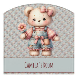 Pastel Teddy Bear Holding Flower Wearing Overalls Door Sign