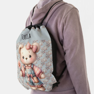 Pastel Teddy Bear Holding Flower Wearing Overalls Drawstring Bag
