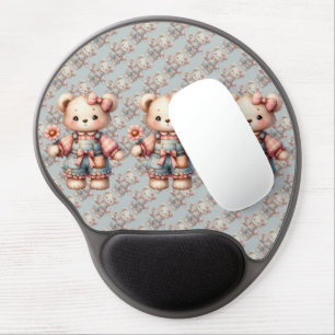 Pastel Teddy Bear Holding Flower Wearing Overalls Gel Mouse Pad