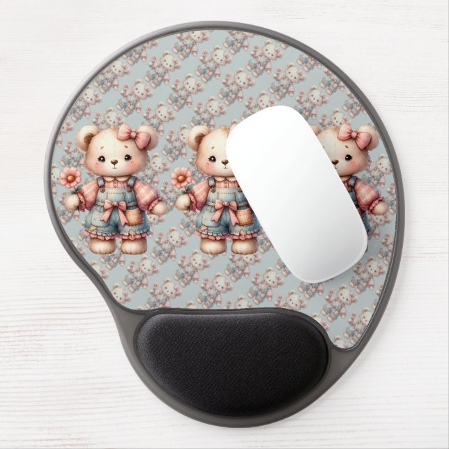 Pastel Teddy Bear Holding Flower Wearing Overalls Gel Mouse Pad (Left Side)
