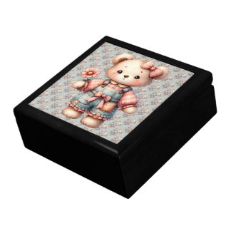 Pastel Teddy Bear Holding Flower Wearing Overalls Gift Box