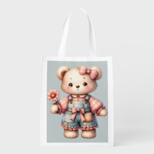Pastel Teddy Bear Holding Flower Wearing Overalls Grocery Bag