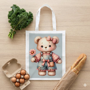 Pastel Teddy Bear Holding Flower Wearing Overalls Grocery Bag