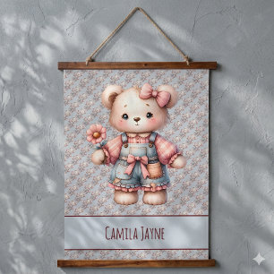 Pastel Teddy Bear Holding Flower Wearing Overalls Hanging Tapestry