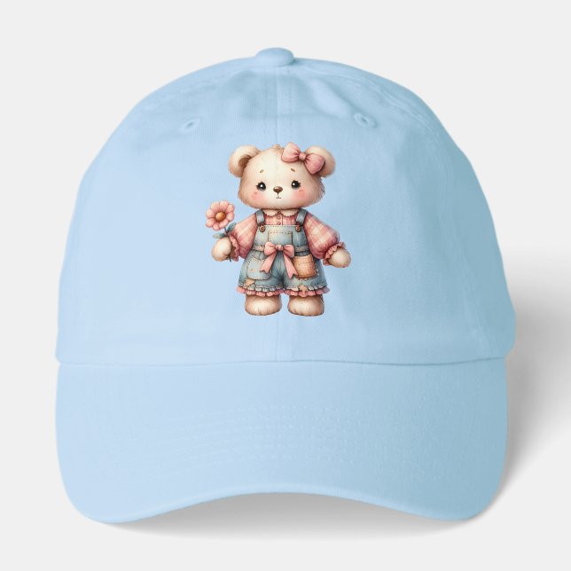 Pastel Teddy Bear Holding Flower Wearing Overalls Hat (Front)