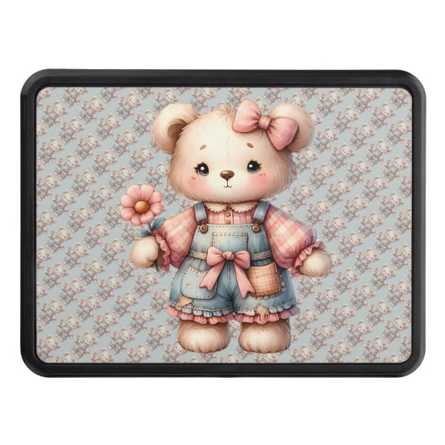 Pastel Teddy Bear Holding Flower Wearing Overalls Hitch Cover (Front)