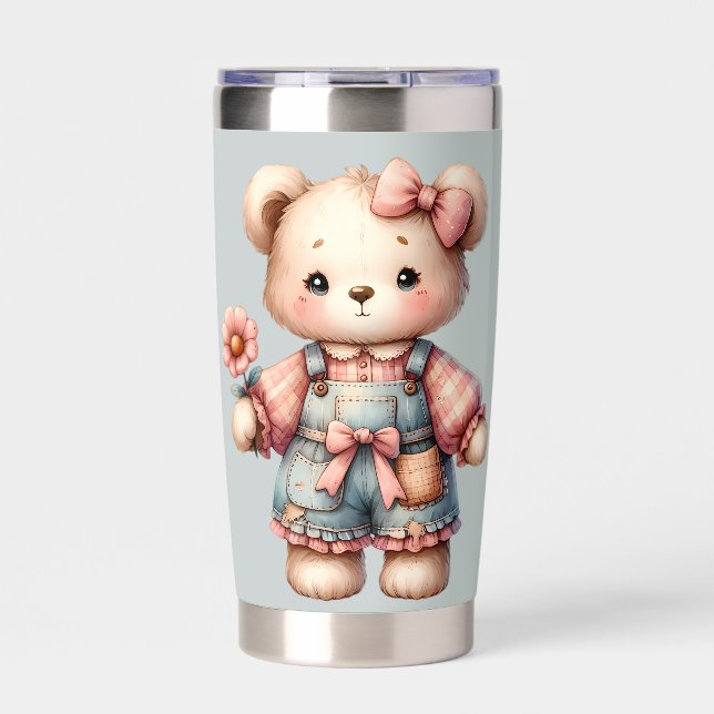 Pastel Teddy Bear Holding Flower Wearing Overalls Insulated Tumbler (Front)