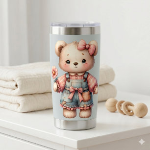 Pastel Teddy Bear Holding Flower Wearing Overalls Insulated Tumbler