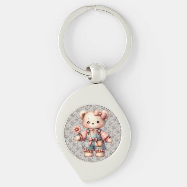 Pastel Teddy Bear Holding Flower Wearing Overalls Keychain (Front)