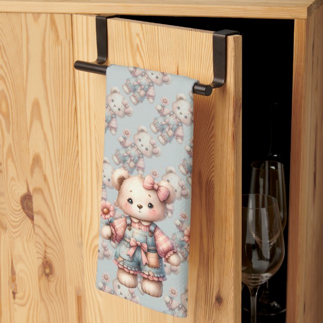 Pastel Teddy Bear Holding Flower Wearing Overalls Kitchen Towel (Thirds Fold)