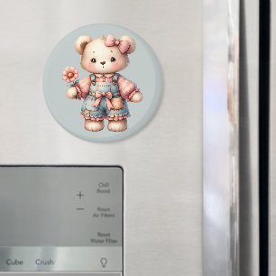 Pastel Teddy Bear Holding Flower Wearing Overalls Magnet
