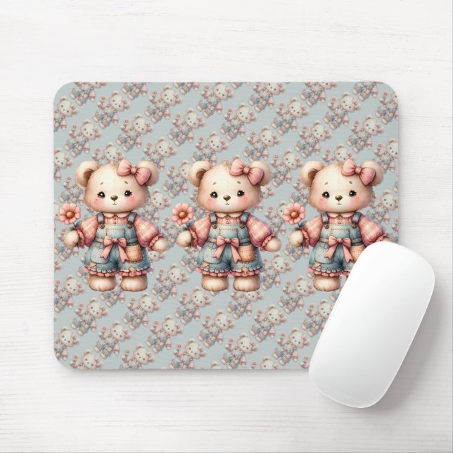 Pastel Teddy Bear Holding Flower Wearing Overalls Mouse Pad (With Mouse)