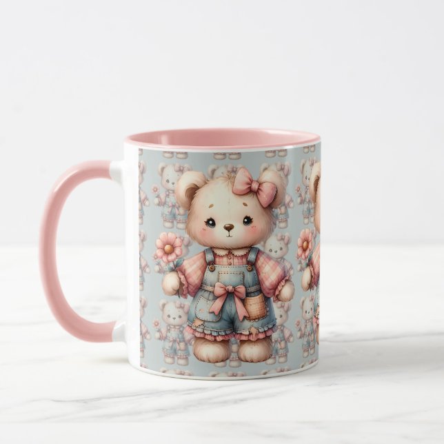 Pastel Teddy Bear Holding Flower Wearing Overalls Mug (Left)
